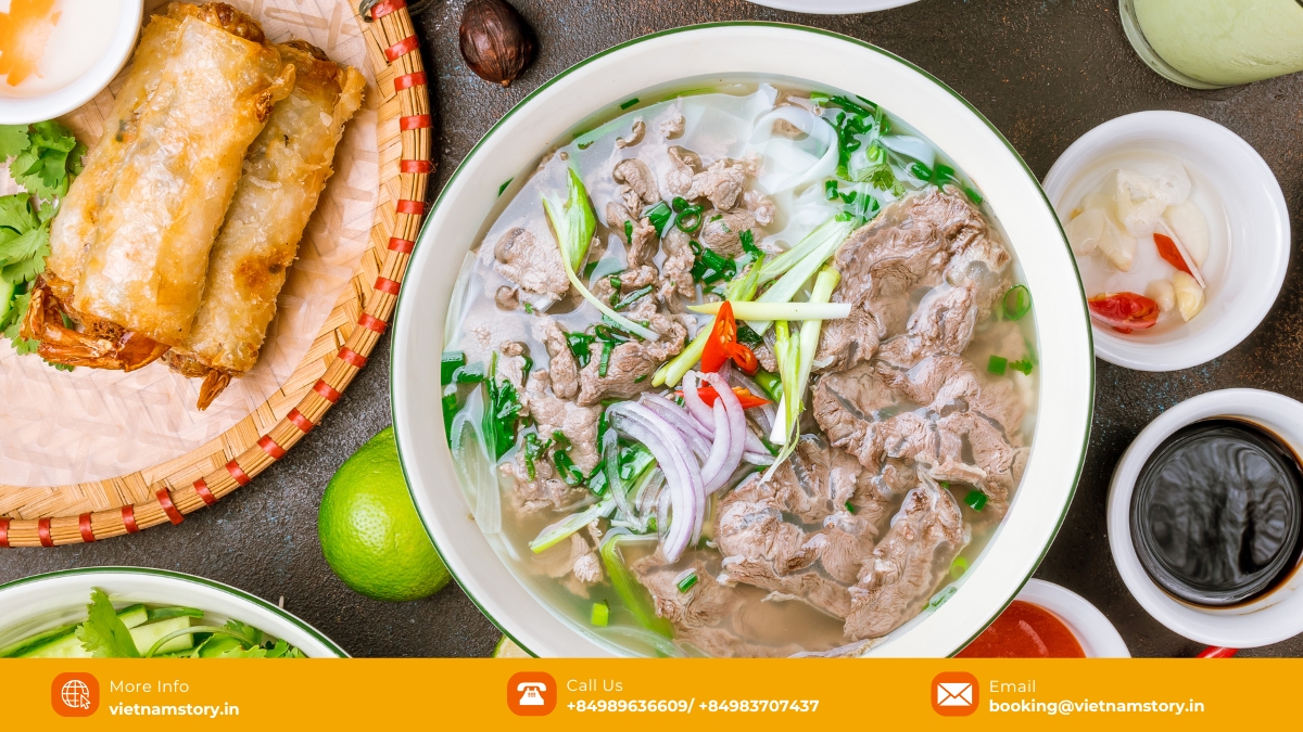 A bowl of Pho with various side dishes of herbs, lime, bean sprouts, and sauces. A bowl of Pho with various side dishes of herbs, lime, bean sprouts, and sauces.