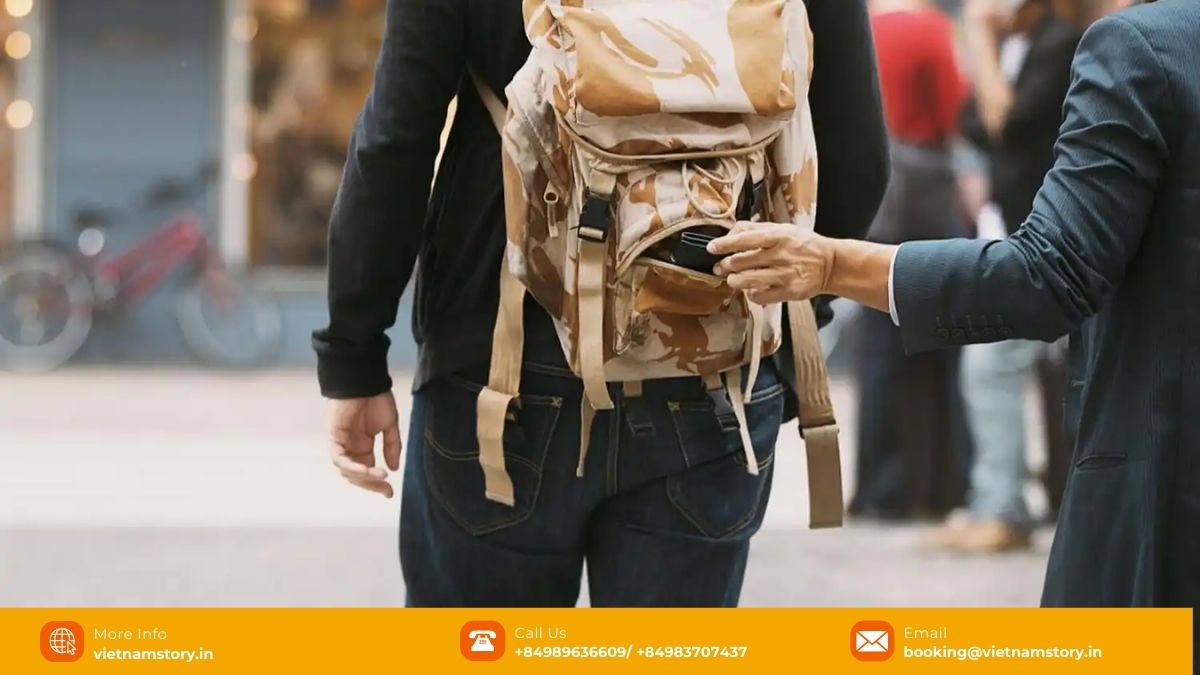 Is Vietnam a Safe Country To Visit? A 2025 Guide for Indian Tourists 3 Indian tourist securing belongings in a backpack, demonstrating safety tips for travelling in Vietnam's cities.