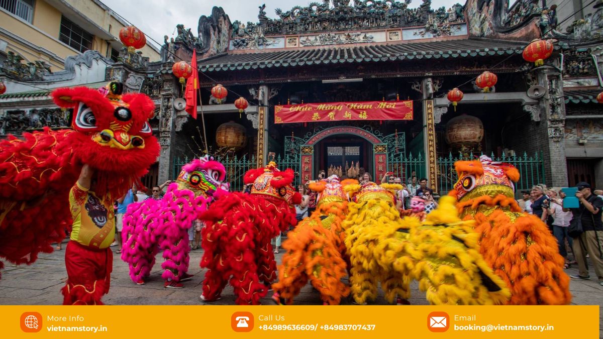 Vietnamese Lion Dance (Múa Lân): Unveiling a Spirited Cultural Tradition 4 Skilled Vietnamese lion dance performers during a Tet Holiday celebration.